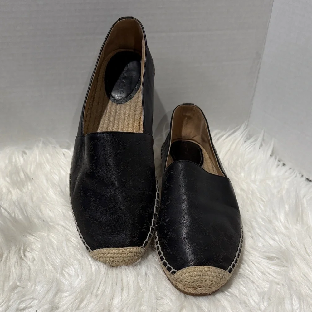 COACH Carley espadrille in black leather w perforated signature logo pattern